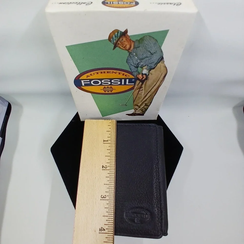 Fossil Leather Wallet Mens One Size Black Trifold Golf‎ Theme Boxed Logo